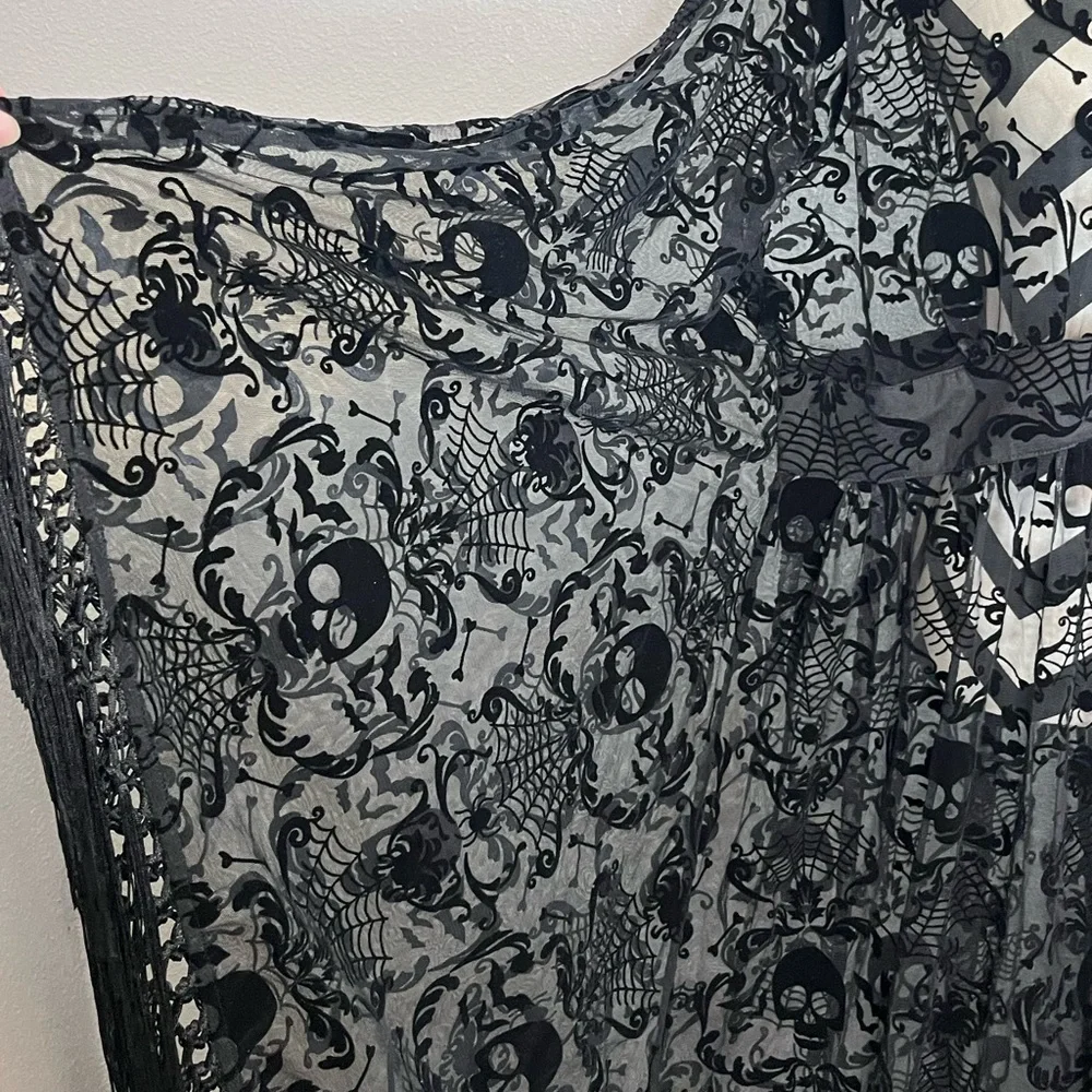 NWT Unique Vintage Sz 2X Whimsigoth Skull Bat Burnout Fringe Sheer Caftan Dress - Picture 9 of 11